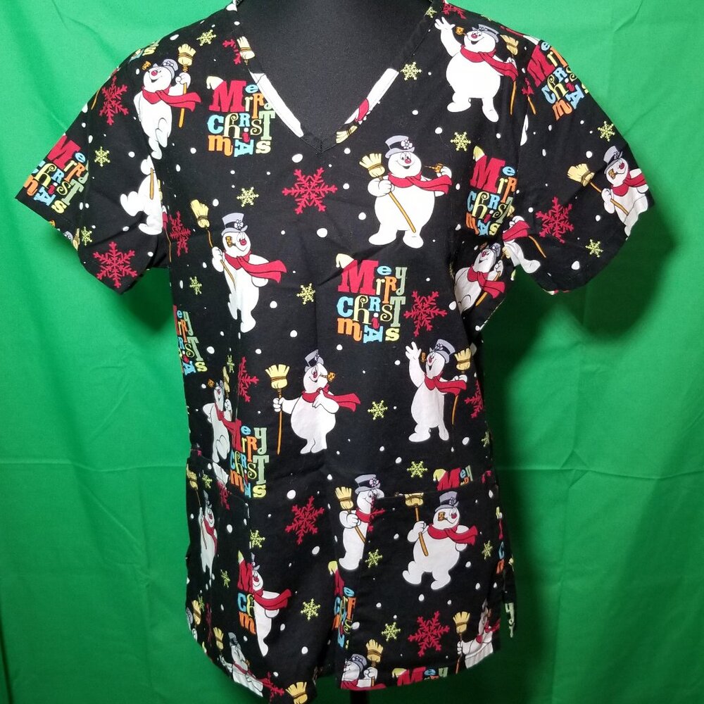 Frosty The Snowman Merry Christmas Medical Scrub Top Nurse Lab Women XS Holiday